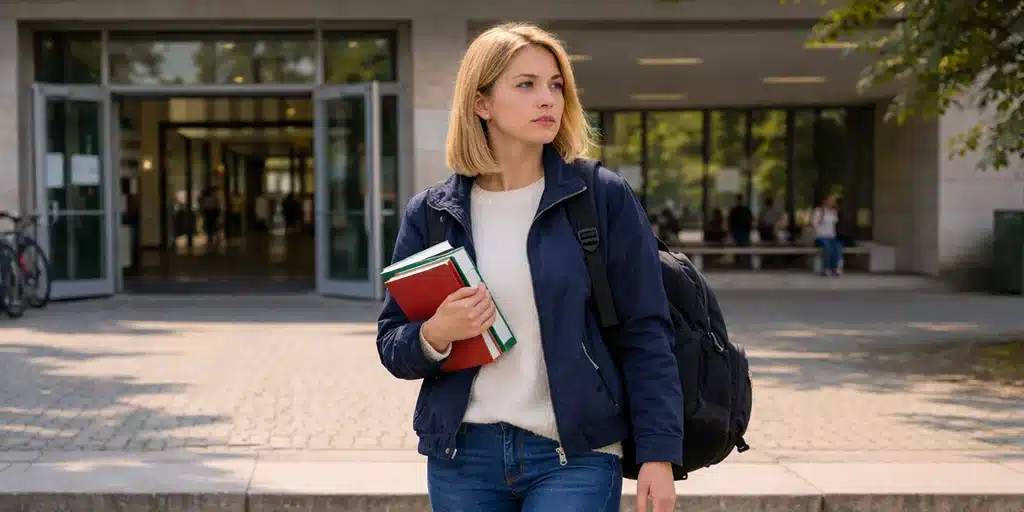 Arbeitslos nach der Promotion: junge Frau mit Büchern und Rucksack vor einem Unigebäude