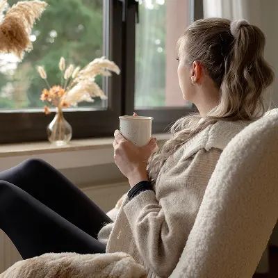 Frau sitzt am Fenster und hält eine Tasse, wirkt nachdenklich.