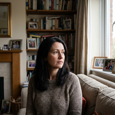 Eine Frau mit dunkel braunen Haaren sitzt auf dem Sofa und denkt darüber nach, wie es mit ihrer beruflichen Zukunft weiter gehen soll.