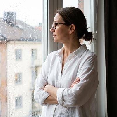 Eine Frau mit dunkel blonden Haaren, die Haare zu einem Zopf zusammen gebunden, schaut nachdenklich aus dem Fenster.