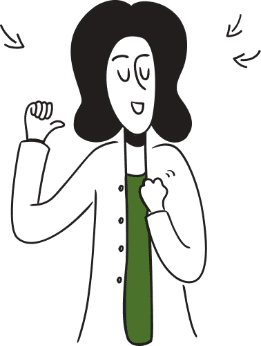 Illustration einer Frau mit erhobenen Händen, die Freude und Begeisterung ausdrückt über ihr AVGS Coaching Berlin. Sie trägt ein grünes Shirt und fret sich mit ihrem Coaching anzufangen.