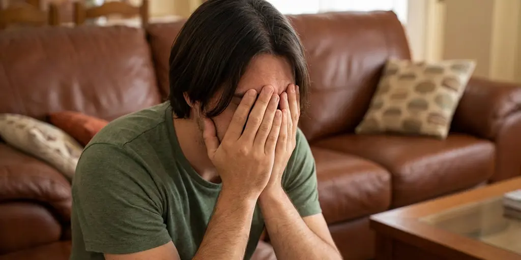 Ein Mann mit braunen kurzen Haaren sitzt auf einem Sofa und hat die Hände vorm Gesicht. Er wirkt überfordert und denkt über ein Psychosoziales Coaching nach.