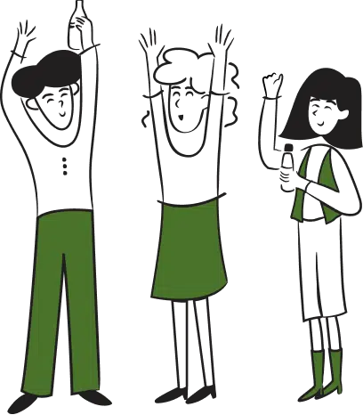 Eine Illustration von drei Personen, die sich freuen.