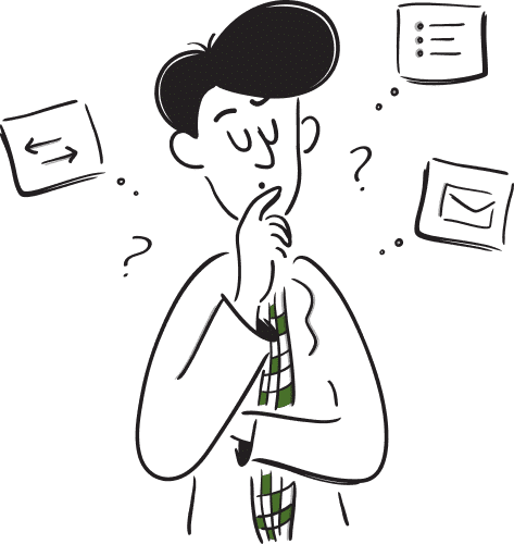 Eine Zeichnung von einem Mann mit Fragezeichen über dem Kopf, zum AVGS Coaching Berlin. Der Mann trägt einen Schlips.