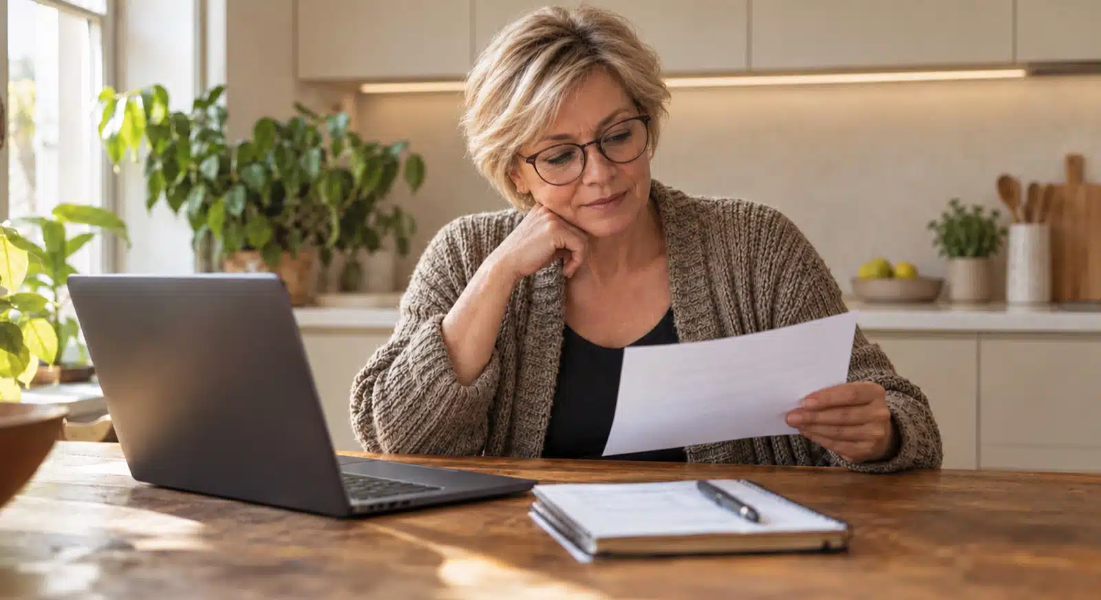 Frau mit Brille sitzt am Küchentisch und liest nachdenklich ein Schreiben, vor ihr Laptop und Notizblock