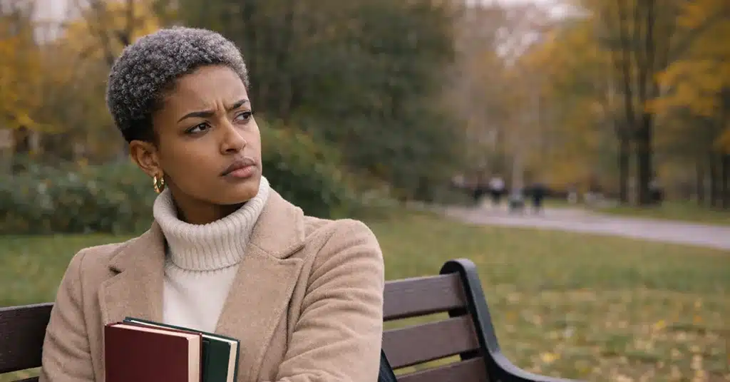Nachdenkliche Frau mit Büchern auf einer Parkbank in Berlin. Symbolbild für AVGS nach der Promotion