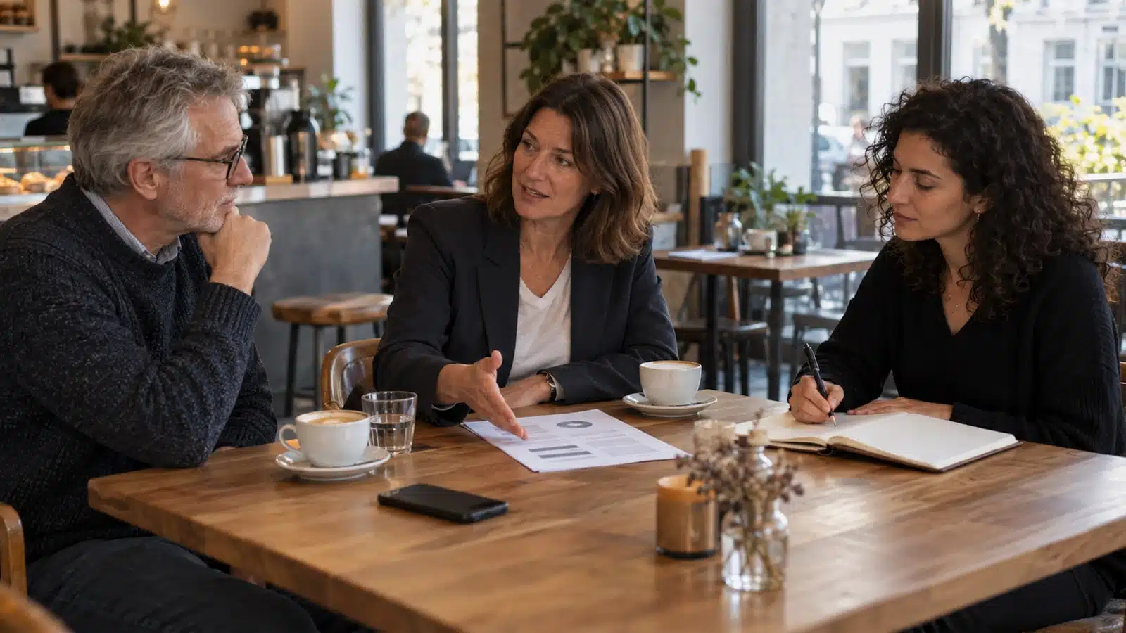 Drei frühere Kolleginnen und Kollegen sprechen im Café über einen Lebenslauf, eine Frau macht sich Notizen